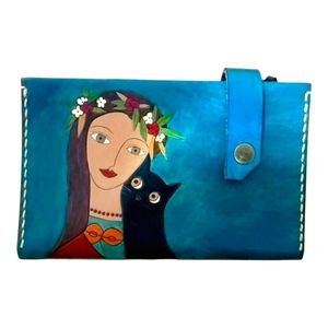 Women's Genuine Leather Wallet Clutch Black Cat Green Blue Card Slots Zipper Big